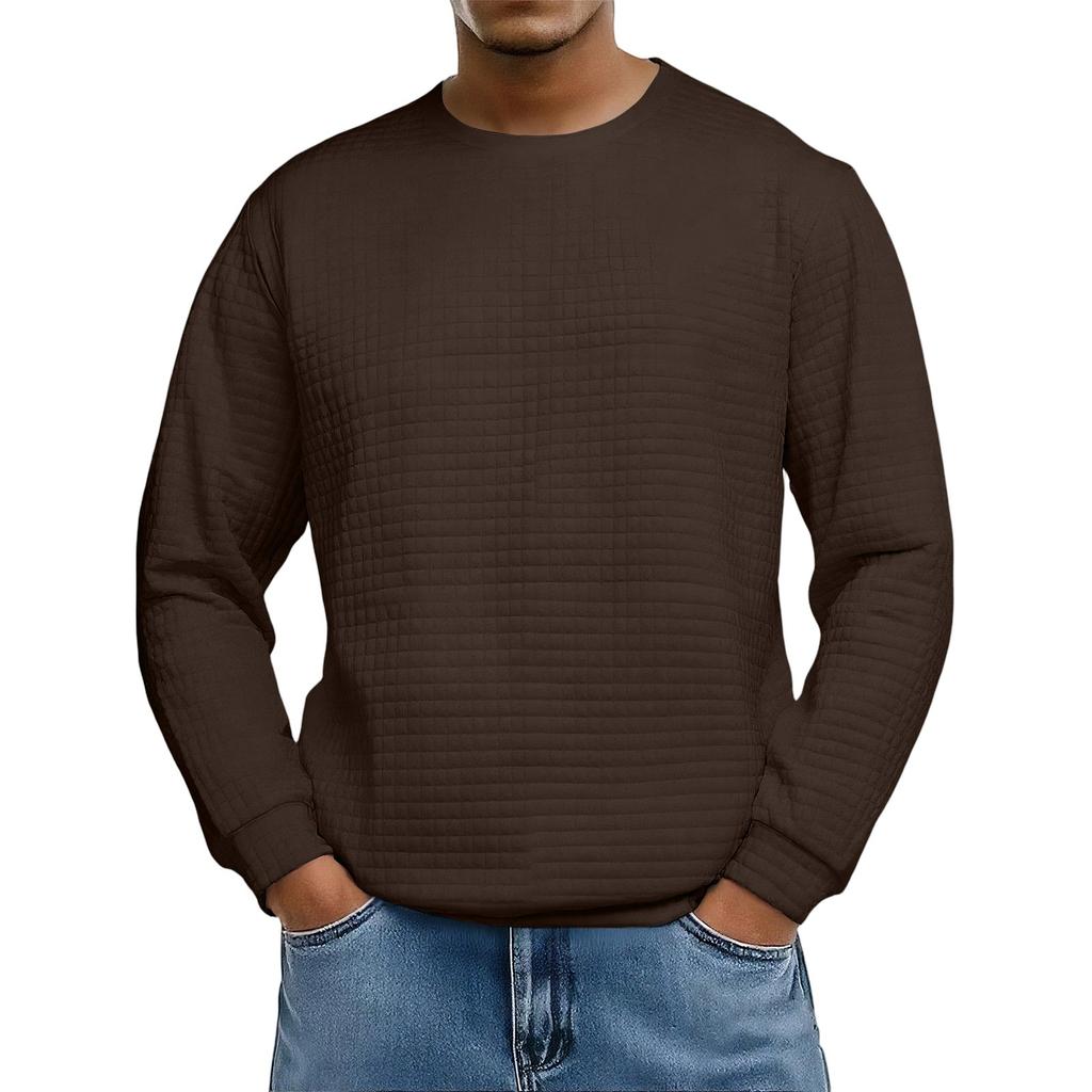 Top Masculino Casual de Malha Waffle de Gola Larga e Manga Comprida