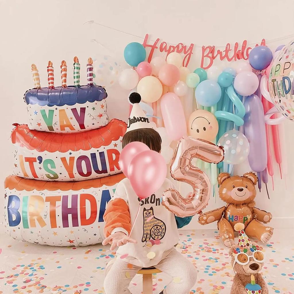 Large Birthday Cake Balloons Cartoon Bear Cake Number Foil Balloon for Baby Shower Birthday Party Decoration Prop Kids Toy
