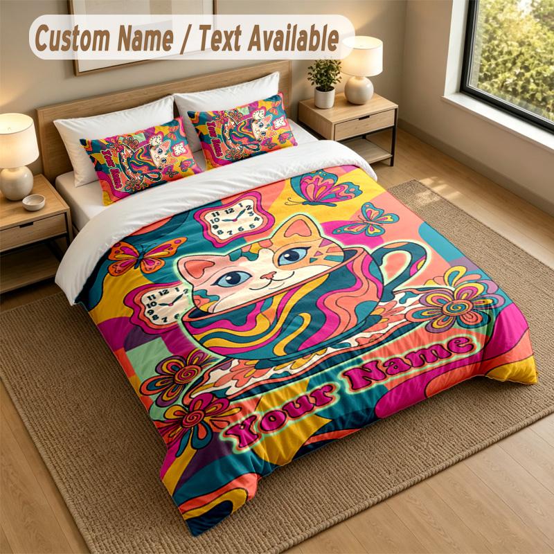 Cat Theme Personalized 3Pcs Bedding Set Custom Text & Name 1 Sheet 2 Pillowcases Household Bedding 1pc