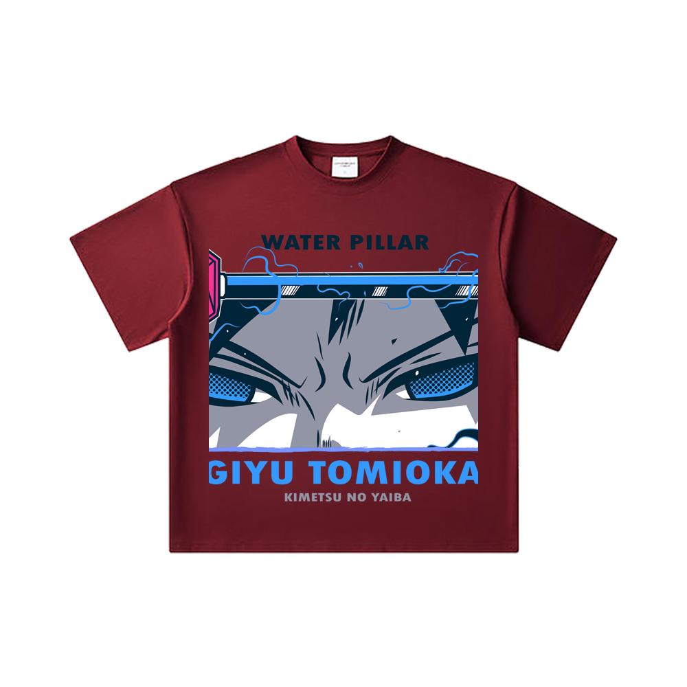260 GSM Çift İplik 32 Numara %100 Pamuk Demon Slayer V10 Tomioka Baskılı Unisex Ağır Pamuk Tişört