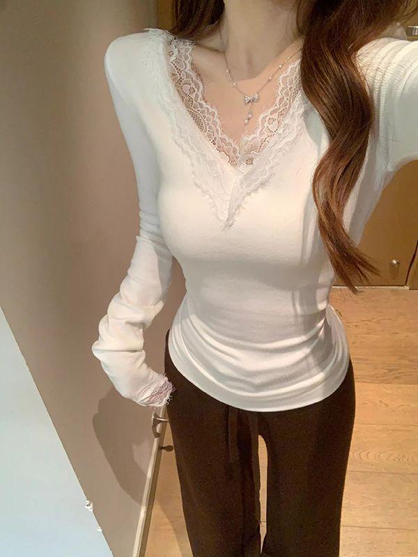 Women s White Lace Trim V-Neck Slim-Fit Shirt - Brushed Soft Base Layer for Autumn/Winter S белый