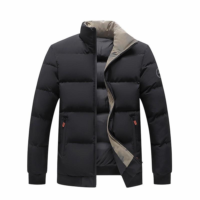 Mens Winter Warm Cotton Puffer Jacket Short Style Stand Collar Loose Fit Zipper Front Daily Wear