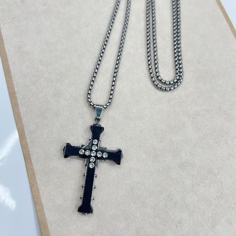 Cross-border European American Unisex Style Beveled Stainless Steel Cross Necklace Simple All-match Bamboo Fashionable Pendant