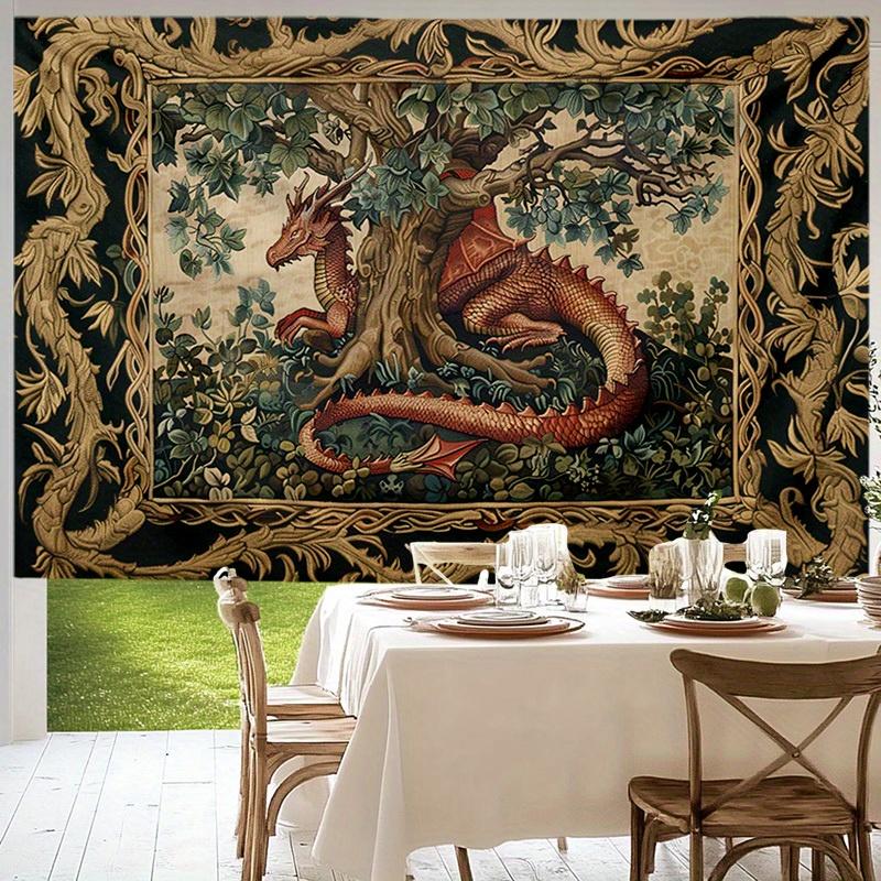 VIKAMA Europäischer Vintage-Wandteppich mit Baum- und Drachenmotiv im mittelalterlichen Hofstil für Wohn- und Esszimmer – Wandbehang für Zuhause