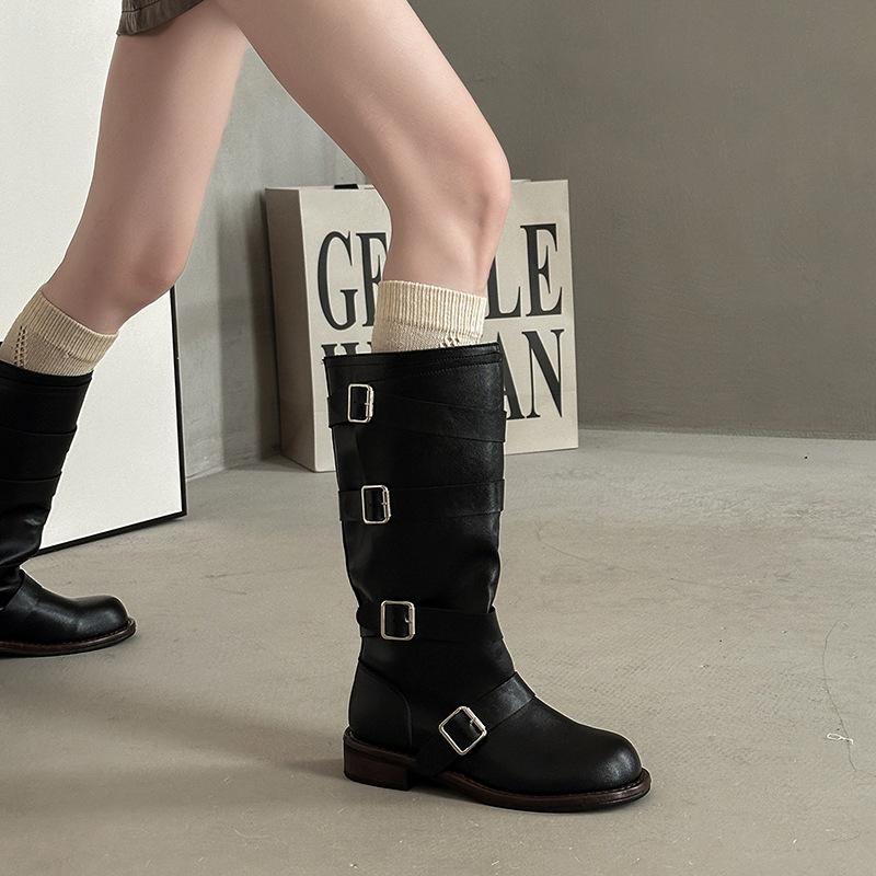 Fashion Versatile Retro Belt Buckle Medium Boots Women's Autumn and Winter 2025 New Belt Buckle Heightening Fashion Boots Tide
