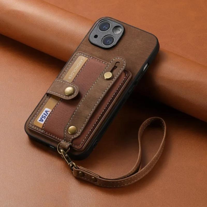 Wrist Strap PU Leather Stand Phone Case for IPhone 13 12 Mini 16 15 14 11 Pro Max XS X XR 8 7 Plus Wallet with Card Holder Cover