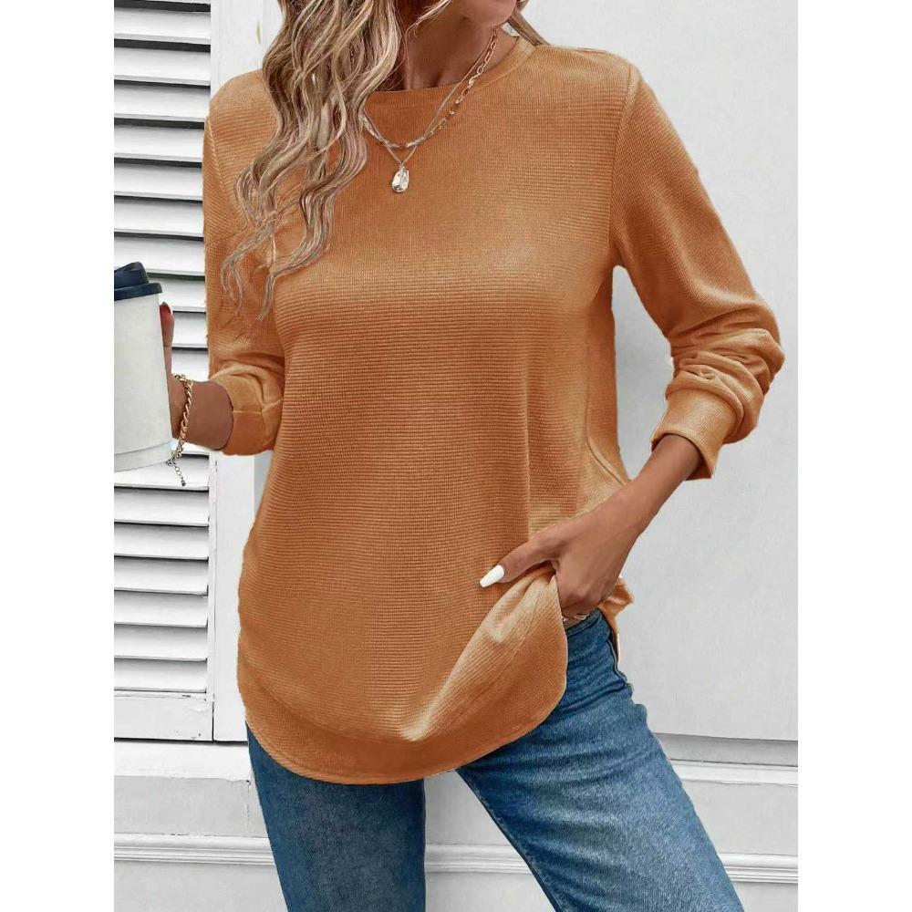 QICED Women's Fashion Casual Solid Color Print Long Sleeve O-Neck Blouses & Shirts