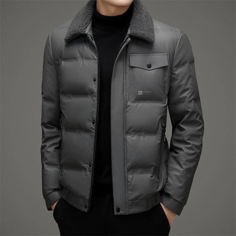 Men's down jacket white duck down winter new style removable fur collar thickened warm PU leather down jacket casual jacket