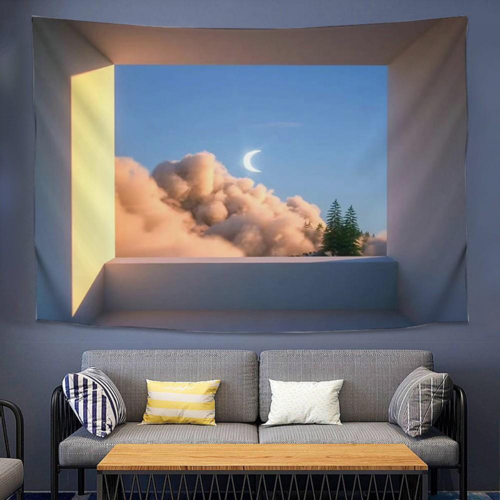 VIKAMAins Window with Stunning Landscape Live Streaming Wall Fabric Background Decorative Tapestry for Bedroom and Dormitory