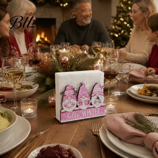 Kitchen Bar Counter Decoration Wooden Christmas Napkin Holder, Gnome/Christmas Tree/Snowman Shape, Pink Solid Wood Dispenser Stable Organizer
