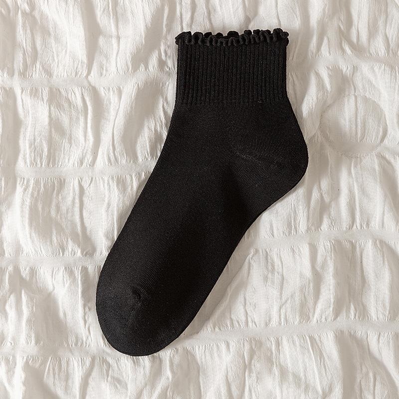 Female Spring and Autumn Sweet Solid Color Wood Ear Lace Medium Tube Cotton Socks