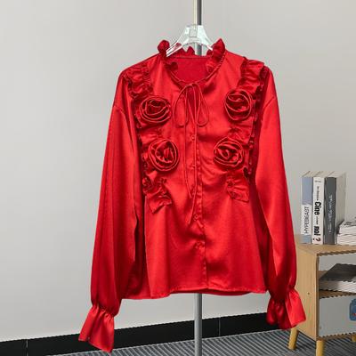 Fashion New Long Sleeve Loose Casual Shirt Women Elegant Solid Single Breasted Flowers Blouse Women Top Vintage Polo Collar Office Ladies Shirts 25807