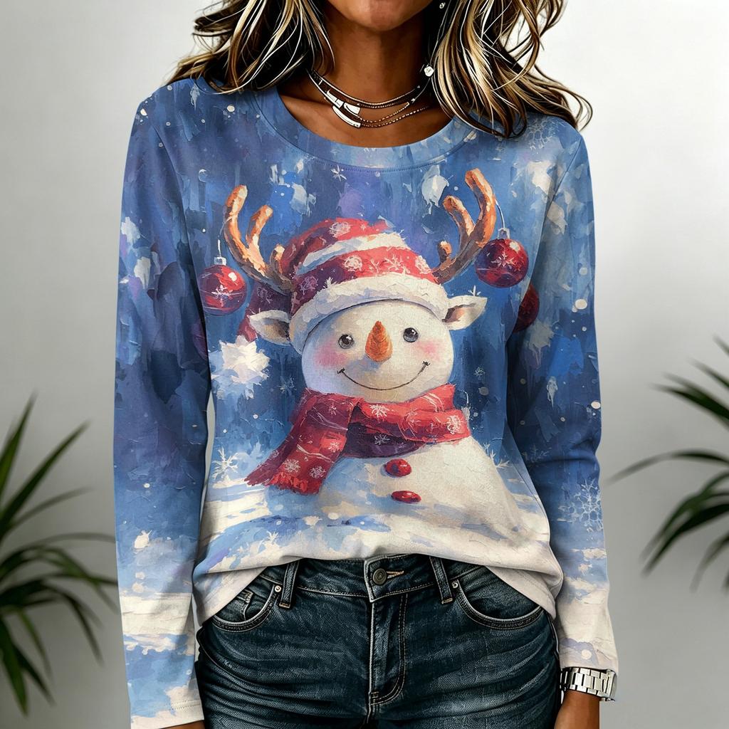 Women's Stylish Casual Christmas Print Long Sleeve Neck Top for Winter Holiday