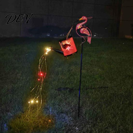 Decorative Flowing Water Effect Lamps Flamingo Garden Statue with Solar Watering Can Lights, Iron Outdoor Light Strings Lawn Ornament for Patio