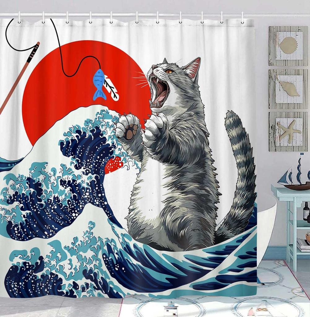 Unny Cat Japanese Ocean Wave Shower Curtain Cool Kids Anime Bathroom Decor Nautical Fabric Bath Curtain Hooks Washable Art