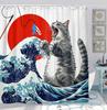 Unny Cat Japanese Ocean Wave Shower Curtain Cool Kids Anime Bathroom Decor Nautical Fabric Bath Curtain Hooks Washable Art
