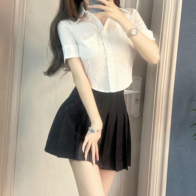 Petite Two-Piece Summer Set: White Short-Sleeve Shirt & Pleated Mini Skirt for a Chic, Youthful Look