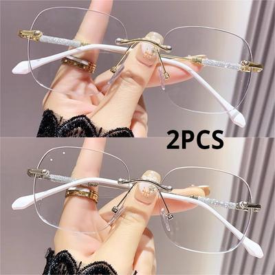 2PCS Transparent Rimless Rectangle Shades Glass Women Harajuku Blocking Glasses Frameless Anti-blue Optical Eyeglass Eyewear