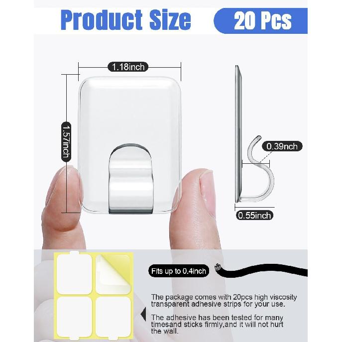 LZC Hooks for Outdoor String Lights Clips: 20 Pack Large Clear Rectangle Outdoor Light Clips Waterproof Adhesive Strips - Heavy Duty Outside Hanging