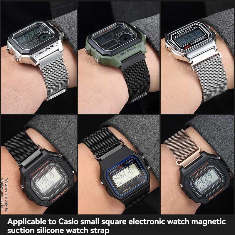 Für Casio kleines Quadrat AE1200WH AE1300/1000/1500 F-91W A158/A168 H-218 konvexer Stahlband atmungsaktives Netzarmband Uhrenarmband männlich