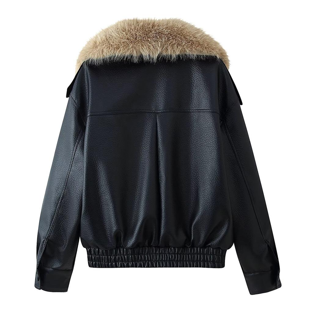 New, fashionable and casual fur collar high-end, three-color fur collar loose leather jacket