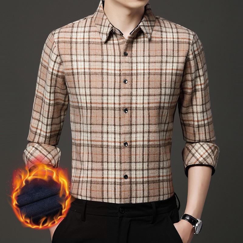 Autumn and Winter New Style Woolen Men's Velvet Shirt Middle-aged Casual Thickened Plaid Warm Shirt Casual Men's Clothing