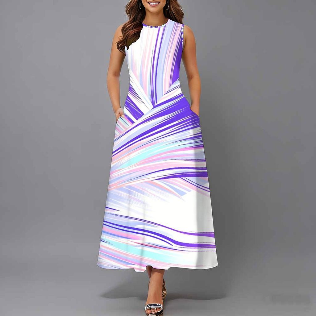 Ladies Oversized Sleeveless Crew Neck Dress Vivid Mixed Tropical Foliage Flowy Calf Length Gown