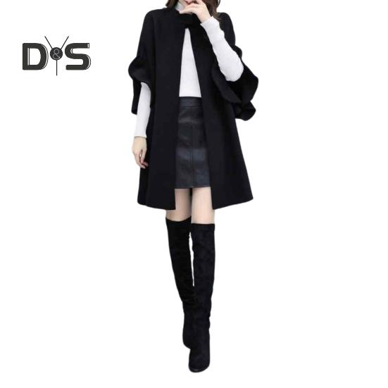 Abrigo de invierno para mujer, con mangas tipo pétalo, cuello alto, corte en A, capa de punto abierto, cárdigan de largo medio, abrigo de lana para exteriores, poncho