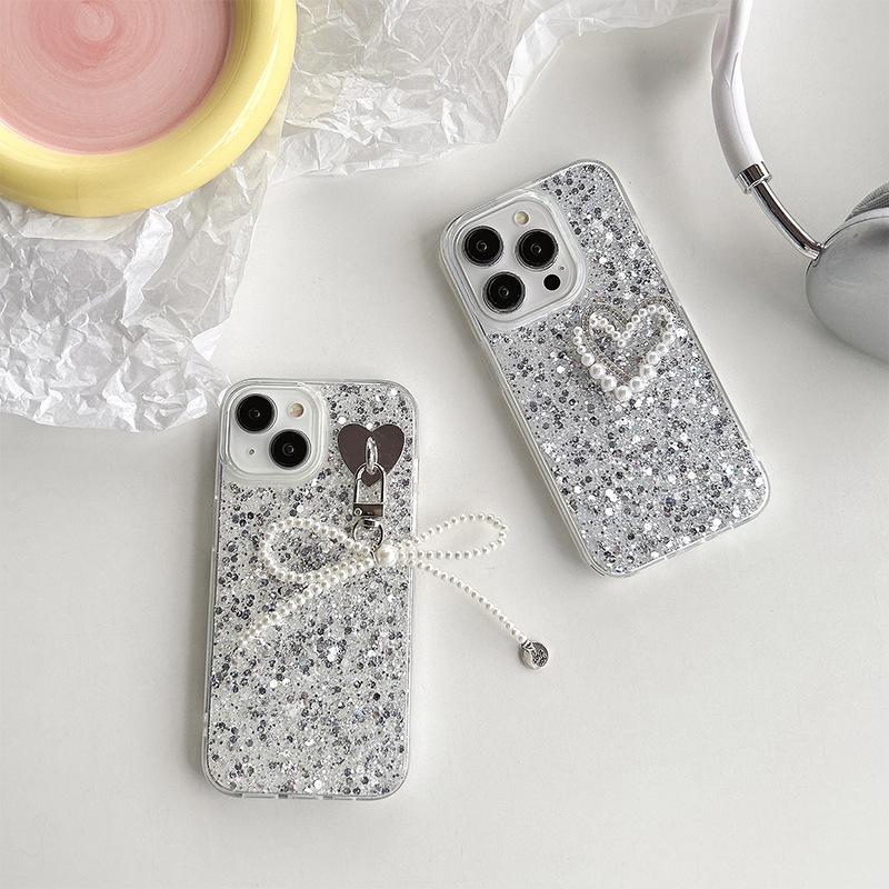 Pearl bow pendant love mobile phone case for Iphone16Promax Epoxy sequins Apple 17 women's models