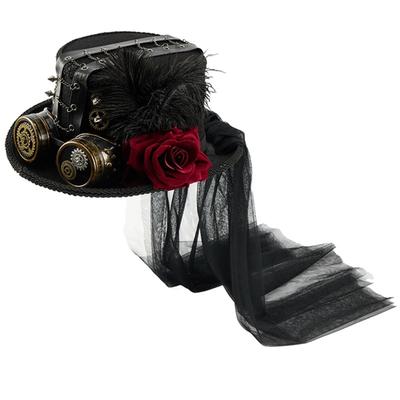 Gothic Metal Gear Hat Costume Accessory With Goggles and Rose Flower Long Veil Magicians Tall Hat for Theme Event