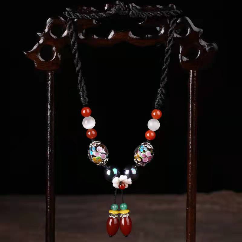 GEMCHIC Women's Ethnic Style Glass Flower Collarbone Necklace Handmade Braided Rope Choker Vintage Beaded Pendant Jewelry