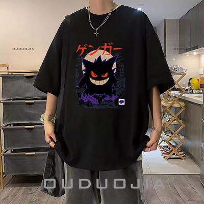Pokémon Gengar Black Tee Pure Cotton Tshirt Mens 2026 Summer Fashion Oversize Street Casual Y2K Tops Streetwear Clothing
