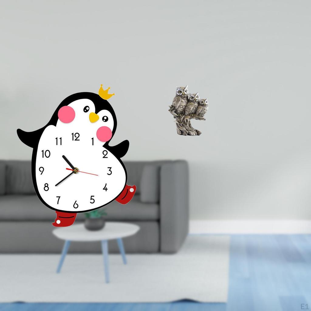 Penguin Owl Wooden Wall Clock And Figurine Set Decorative Animal Sculpture for Bedroom Living Room