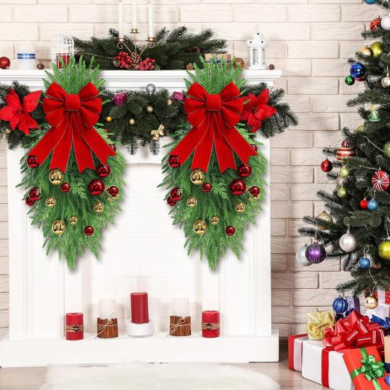 1/2Pcs Christmas Teardrop Swag Wreath with Norfolk Pine Greenery Stairway Swag Red Bow Balls Winter Xmas Hanging Garland Decoration