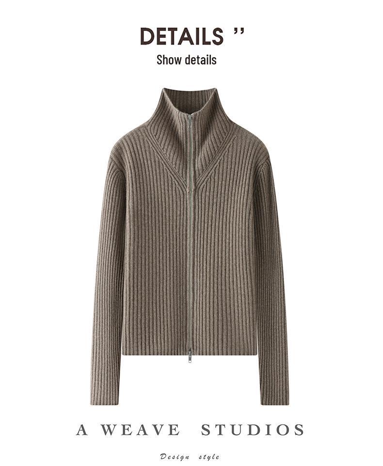 Women's Elegant Striped Cashmere Hooded Cardigan - Double Zipper Slim Fit (2026 Autumn/Winter)