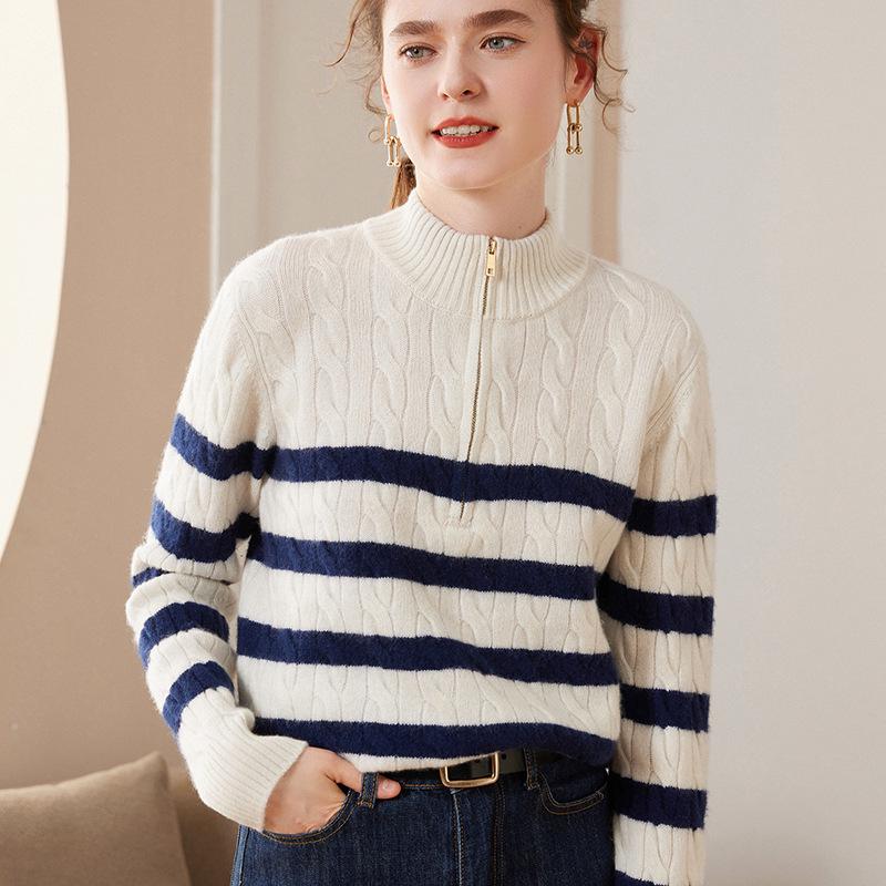 Women's Thickened Cashmere Color Block Striped Zipper Sweater - Retro Loose Lapel Short Knit Top for Autumn/Winter