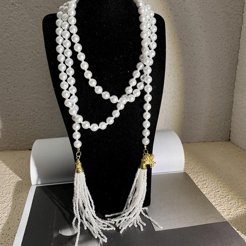 Imitation Pearls Bead Necklace Tassels Choker Elegant Fringes Neckchain Fashion Accessory for Sweaters and Waist