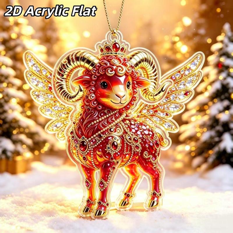 2D Acryl Sternzeichen Steinbock Weihnachtsbaum Anhänger Glücksbringendes Rot-Gold Design Für Rückspiegel Neujahr Hausdekoration