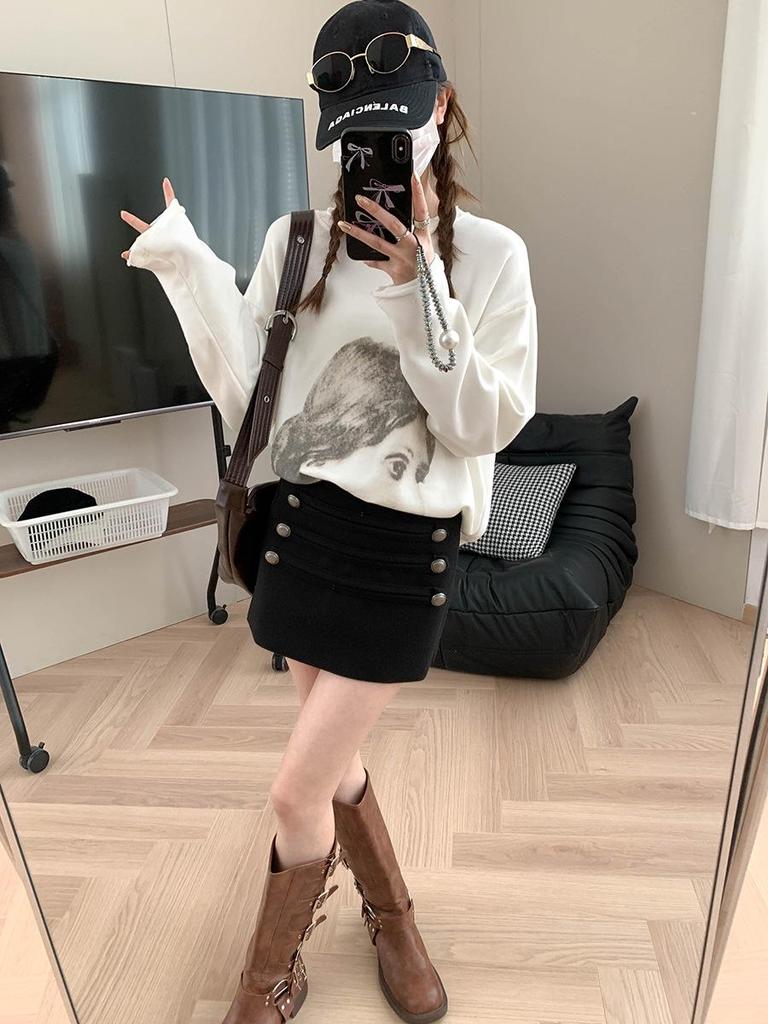 Moqie Stylish Retro Double-Breasted High-Waist Slim A-line Wool Skirt MQ1075