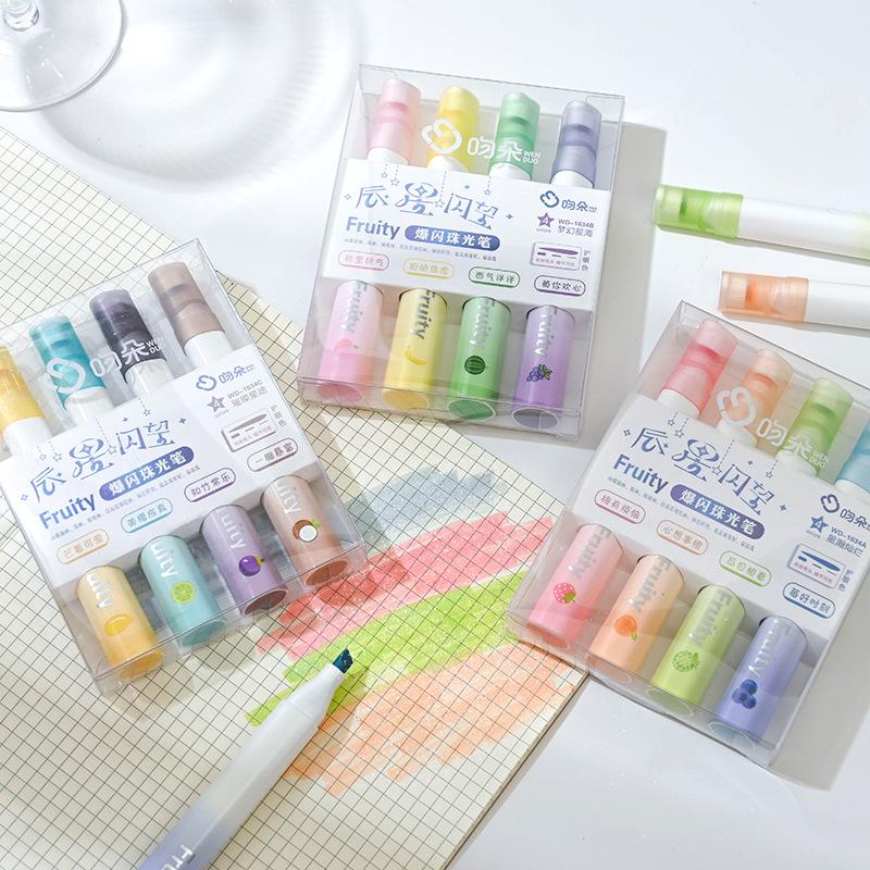 4pcs Fruity Highlighter Pens Set Brush Tip Strobe Bling Glitter Color Marker Liner for Drawing Painting Art School