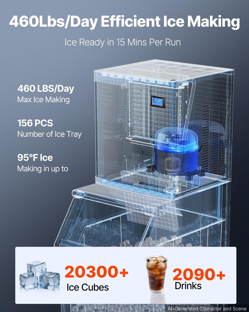 VEVOR Commercial Ice Maker Machine 209 kg/24H Ice-Making Stainless Steel, for Bar Cafe Restaurant Business, Ice Ready in 15 Mins