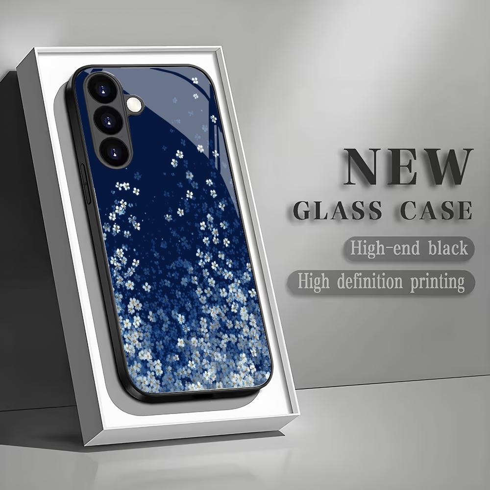 Blue flower tempered glass phone case suitable for Samsung Galaxy S26 S25 S24 S23 S22 S20 FE/Ultra/Plus anti drop back cover
