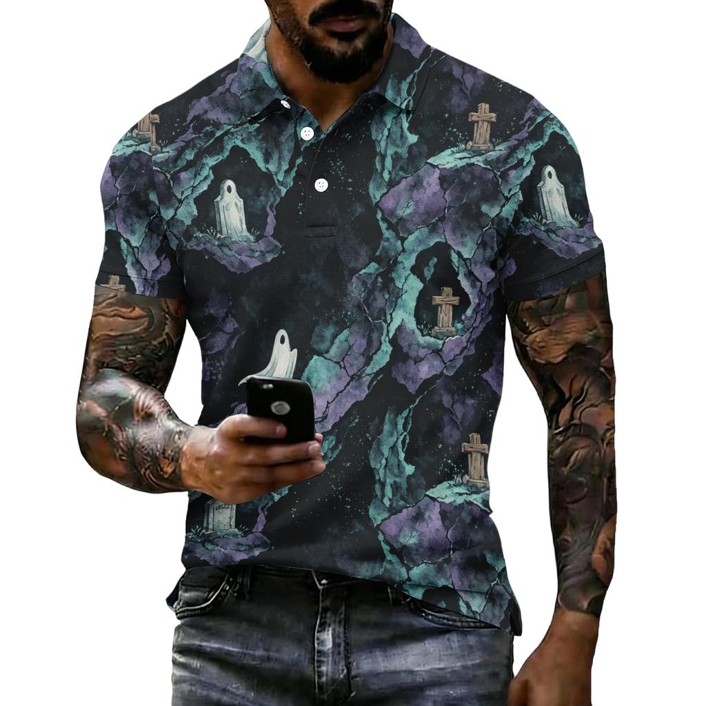 Men's Halloween Print Short Sleeve Polo Shirt Loose Fit Casual Summer Daily Top Button Down Collar