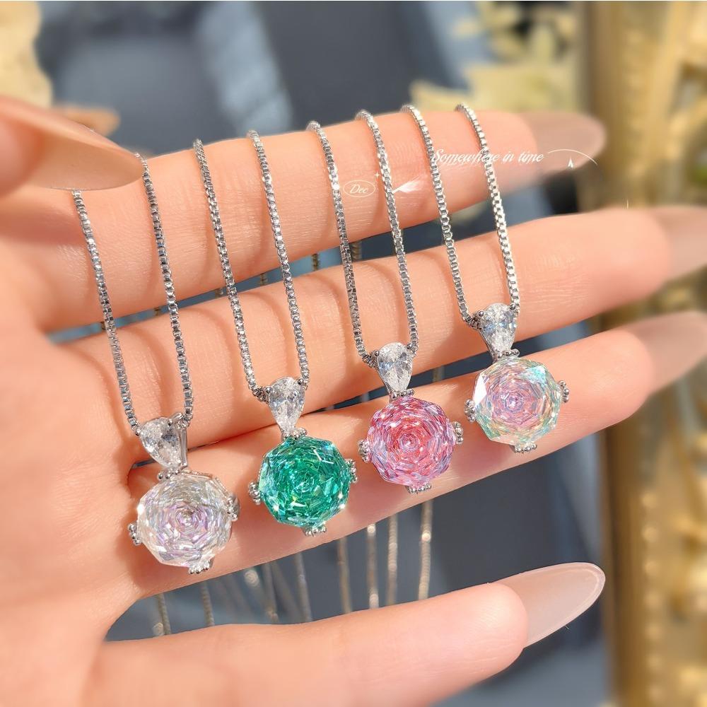 Rose Cut Paraiba Necklace Pendant with High Carbon Diamond Earrings Rose Flower Ring Jewelry Set