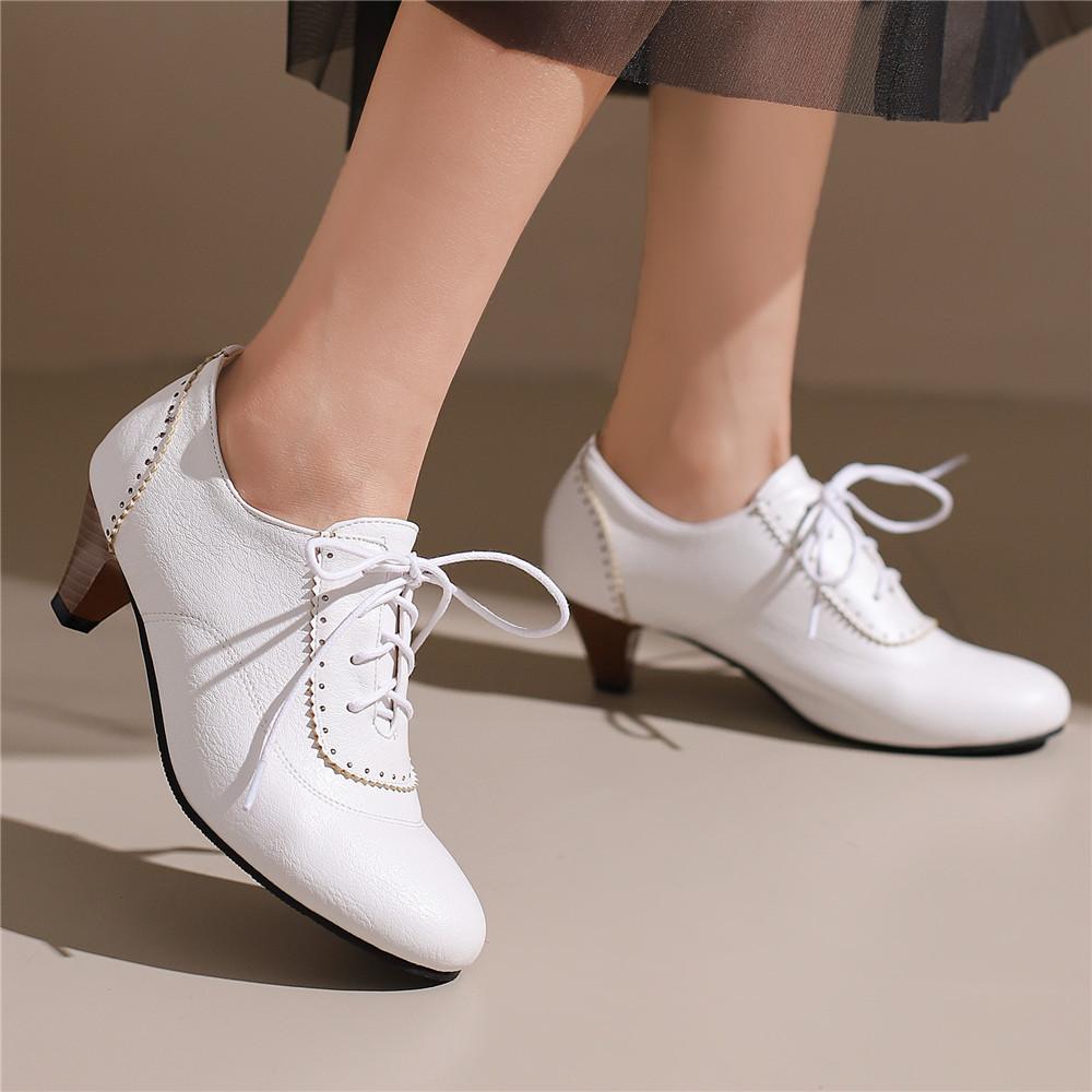 Fashion Pumps Spring and Autumn New Vintage Style Oxford Fashion Cross Lace Up High Heels Single Shoes Round Head Lefu Shoes High 32-48