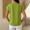 Women's V Neck Cap Sleeve Blouse Regular Fit Single Button Wrap Front Solid Linen Casual Top