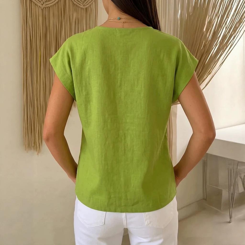 Women's V Neck Cap Sleeve Blouse Regular Fit Single Button Wrap Front Solid Linen Casual Top