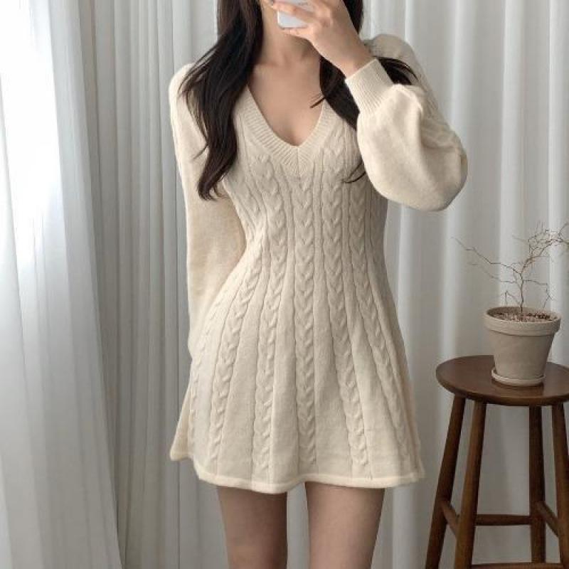 Korean Chic Lantern Sleeve V-Neck Knitted Sweater Dress