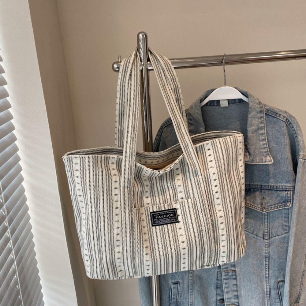Large Capacity Canvas Tote Bag Minority Design Stripe Handbag Fashionable Mommy Bag  Travel