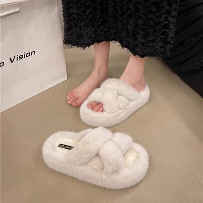 Superfeuer flauschige Hausschuhe Damen 2025 Herbst neu Hausbekleidung Kreuz vielseitig Koreanische Version weiche Sohle Kaninchen flauschiger Baumwollmopp